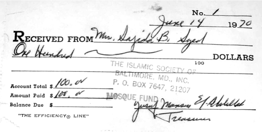 1970 ISB donation receipt reading MOSQUE FUND