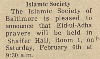 ISB Eid prayers advertised in the Johns Hopkins News-Letter, 1971